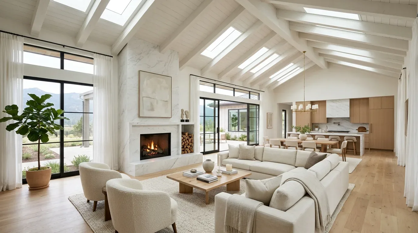 A modern open-concept living room and kitchen with a city skyline view through floor-to-ceiling windows