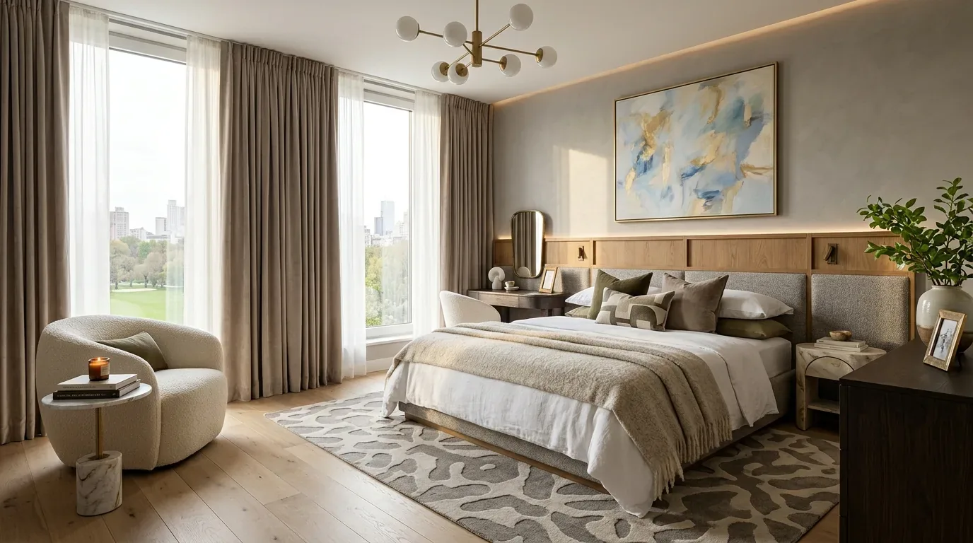 A modern bedroom with large windows, neutral tones, a patterned rug, and abstract wall art