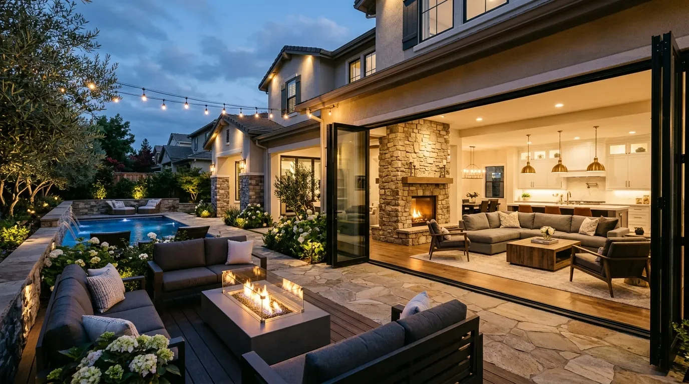 A modern open-concept living room and outdoor patio with a pool, fire pit, and string lights at dusk