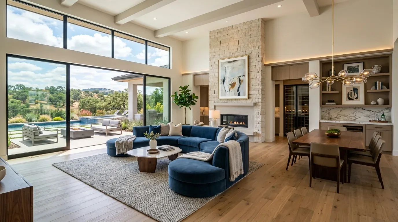 A modern open living and dining room with large windows overlooking a pool and outdoor seating area