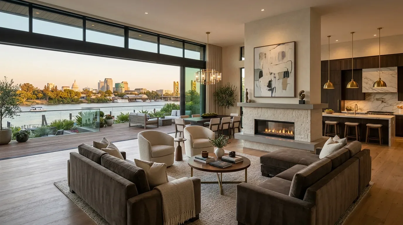 A modern open-concept living room, dining area, and kitchen with large windows overlooking a river and city skyline at sunset