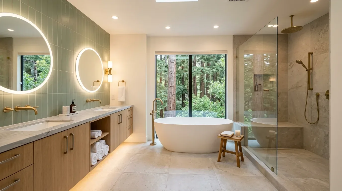 A modern bathroom with a freestanding bathtub, double sinks with round illuminated mirrors, a glass-enclosed shower, and a large window overlooking a forest