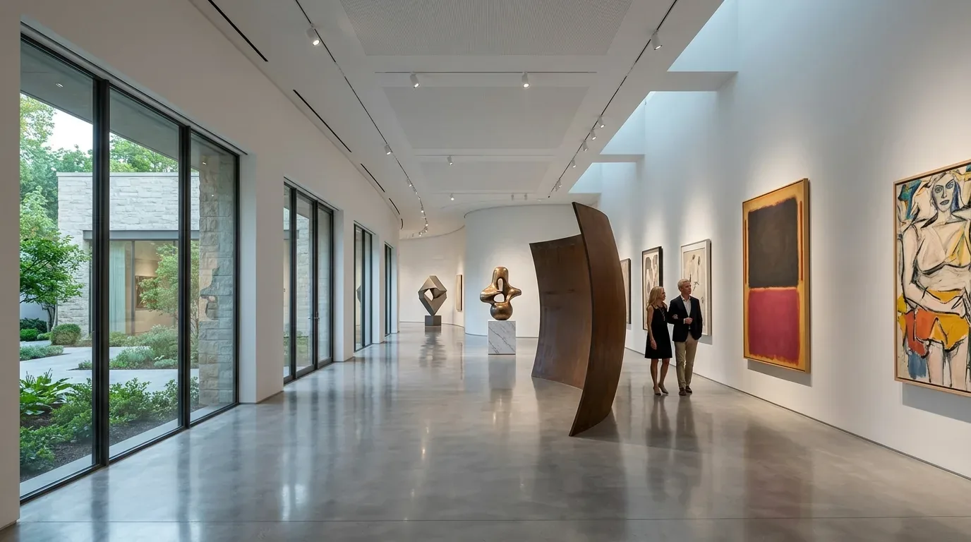 A modern art gallery interior with sculptures and paintings displayed along white walls and large windows