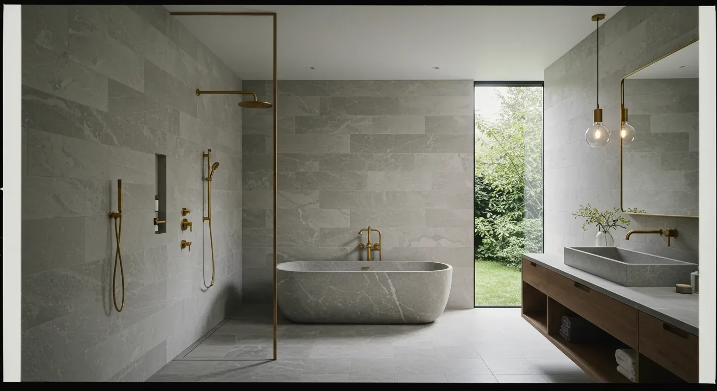 A modern bathroom with a freestanding stone bathtub, walk-in shower with gold fixtures, large window, and a vanity with a stone sink and pendant lights