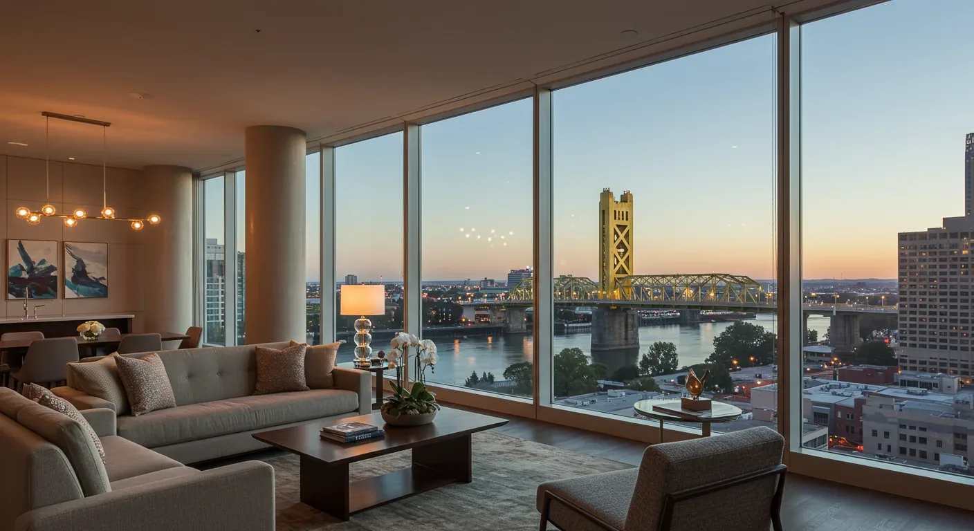 A modern living room with large floor-to-ceiling windows showcasing a cityscape with a prominent bridge at sunset
