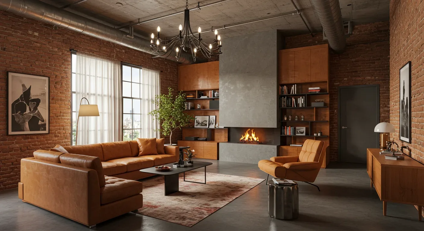 A modern living room with exposed brick walls, leather seating, a fireplace, and industrial ceiling elements