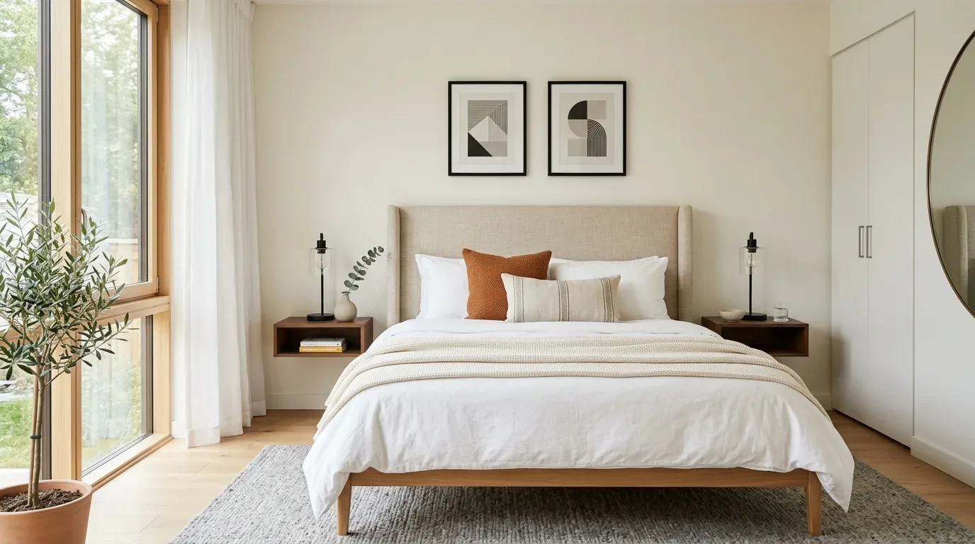A minimalist bedroom with a beige upholstered bed, white bedding, two framed abstract artworks, floating wooden nightstands with lamps, a large round mirror