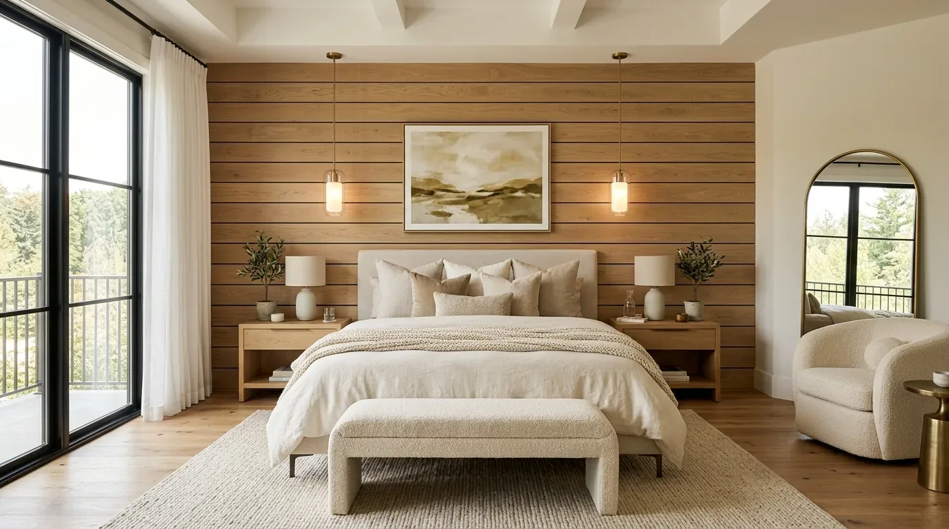 A modern bedroom with a wooden accent wall, neutral bedding, pendant lights, and large windows overlooking greenery