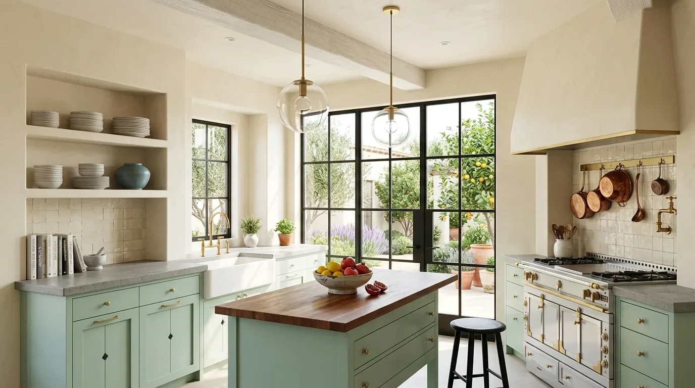 A bright kitchen with mint green cabinets, a wooden island countertop, brass fixtures, and large black-framed windows overlooking a garden
