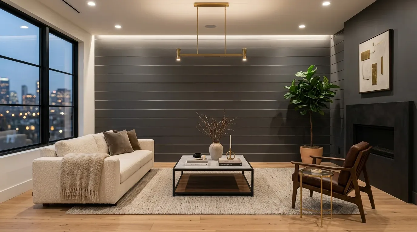 A modern living room with a beige sofa, dark accent wall, large window, and minimalist decor