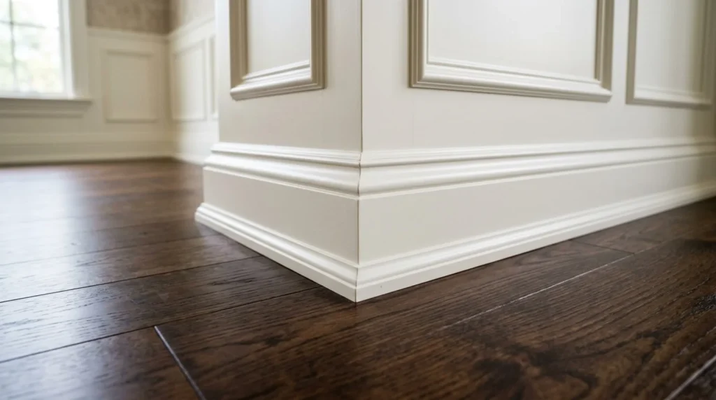 Closeup of white shoe molding and baseboard meeting dark oak plank flooring at an outside corner with wainscoting above