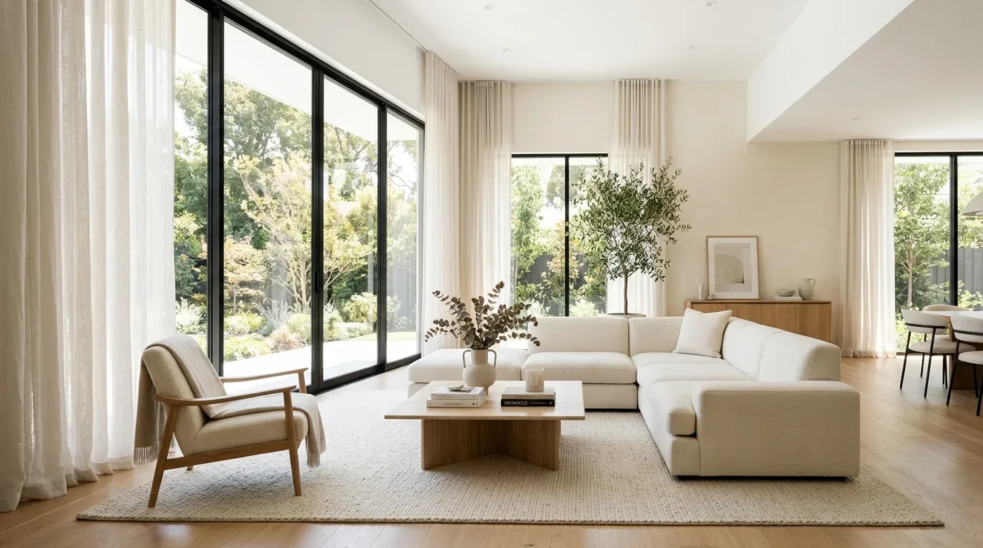 A bright and airy living room with large floor-to-ceiling windows, a beige sectional sofa, a wooden armchair, a wooden coffee table, and light curtains