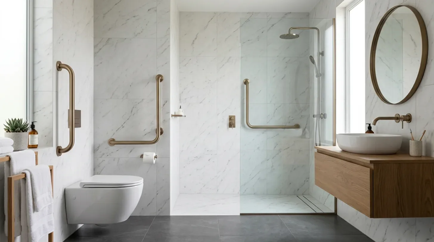 A modern bathroom with a black freestanding tub, double vanity with backlit mirrors, and a glass-enclosed shower with stone walls and digital controls