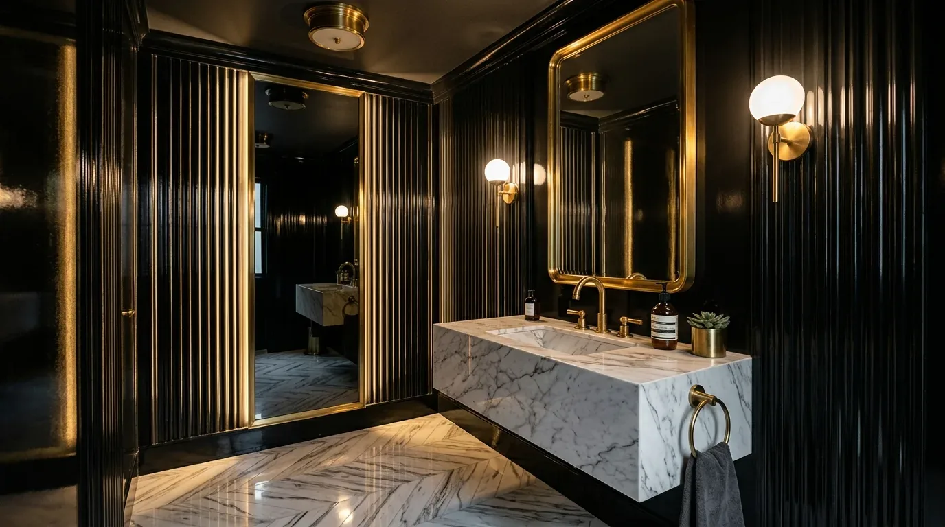 A luxurious bathroom with a freestanding bathtub filled with water and flower petals, large windows overlooking a garden, marble flooring and walls, and gold fixtures