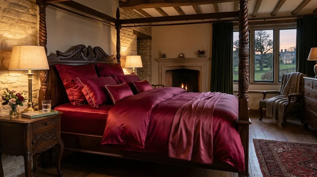 Burgundy charmeuse silk bedding on a carved four-poster bed in a stone-walled estate bedroom with fireplace