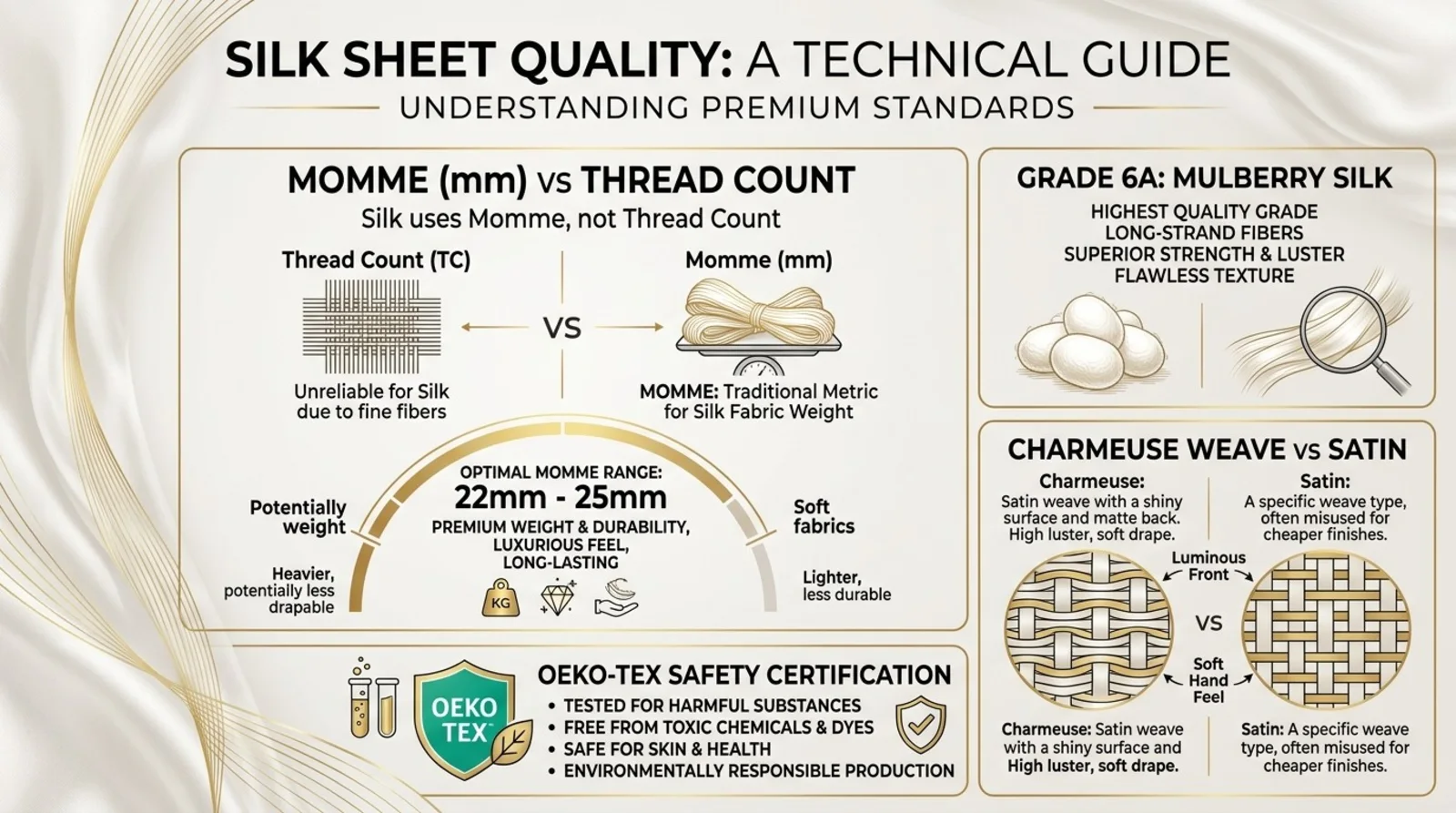 Infographic on silk sheet quality: momme weight versus thread count, grade 6A mulberry silk, charmeuse versus satin