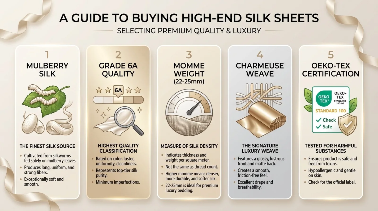 Five-step buying guide for high-end silk sheets: mulberry silk, grade 6A, momme weight 22-25, charmeuse weave, OEKO-TEX
