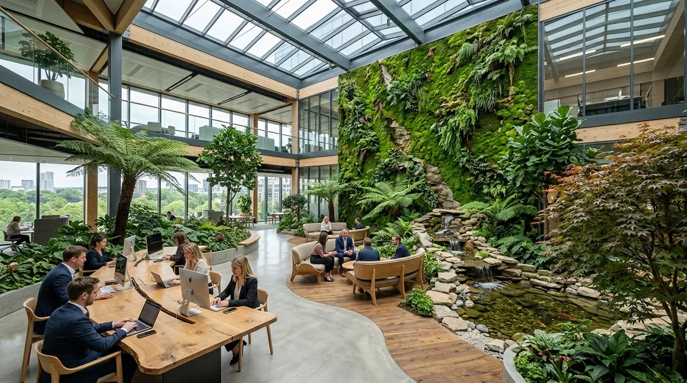 A modern office space with large windows, abundant greenery, a living plant wall with a water feature, and people working and meeting