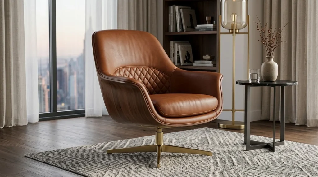 Quilted cognac leather swivel accent chair on a brushed brass four-star base in a high-rise living room