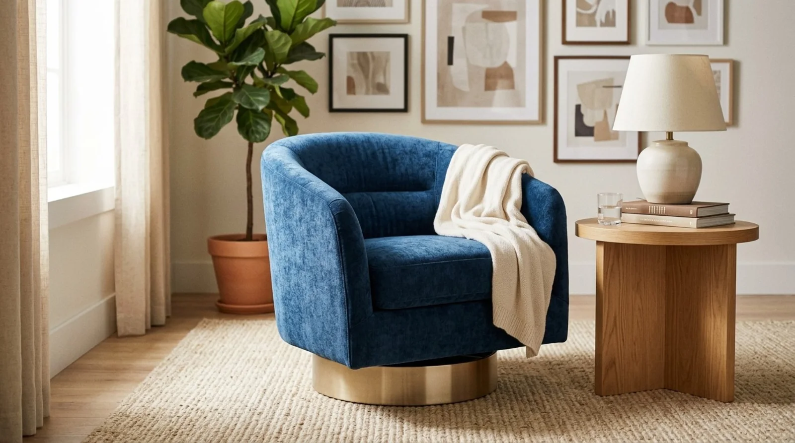 Rounded navy blue swivel barrel chair on a brass plinth base beside a white oak side table and gallery wall