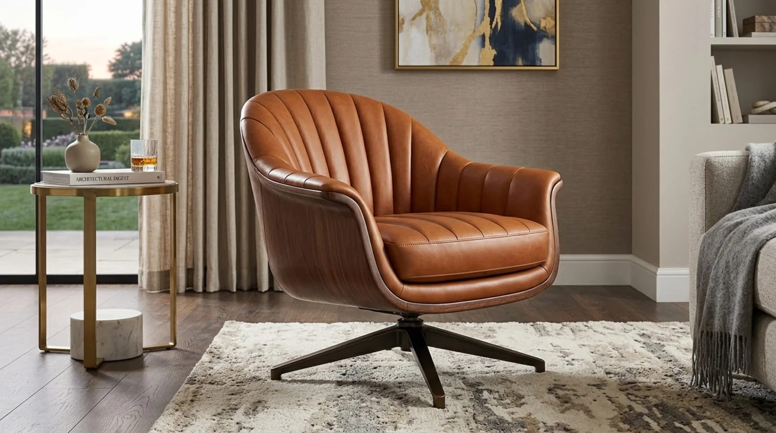 Channel-stitched cognac leather swivel chair with a molded wood shell on a bronze four-star base