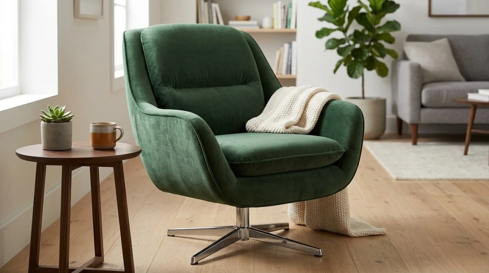 Emerald green velvet swivel lounge chair on a polished four-star base in a bright white living room