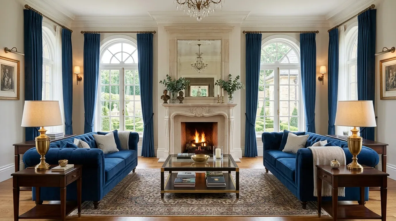 A symmetrical living room with two blue velvet sofas facing a lit fireplace, flanked by tall arched windows with blue curtains and gold-accented lamps on