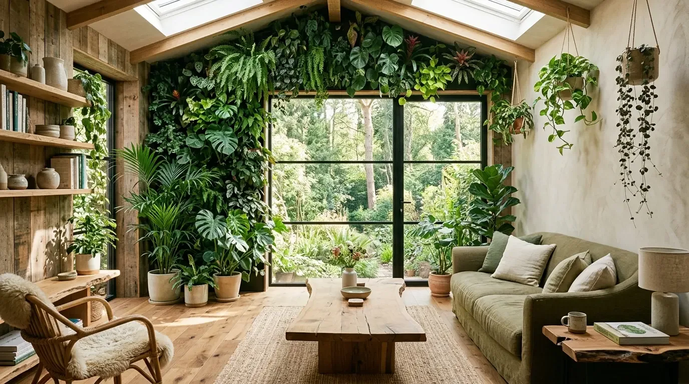 A cozy living room with abundant greenery, wooden furniture, and large windows overlooking a garden