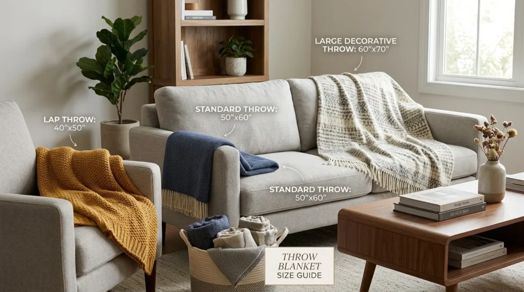 Living room showing three labeled throw blanket sizes: a 40 by 50 inch lap throw on an armchair, a 50 by 60 inch standard throw on the sofa arm, and a 60 by 70 inch large decorative throw draped over the sofa back