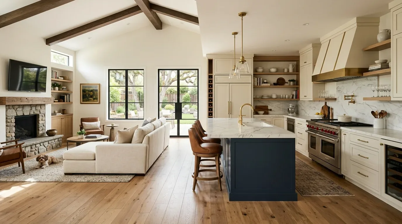 A spacious open-concept living room and kitchen with vaulted ceilings, wooden beams, a stone fireplace, and a large kitchen island with marble countertops