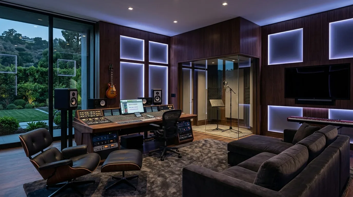A modern home recording studio with a mixing console, soundproof vocal booth, lounge seating, and ambient LED lighting