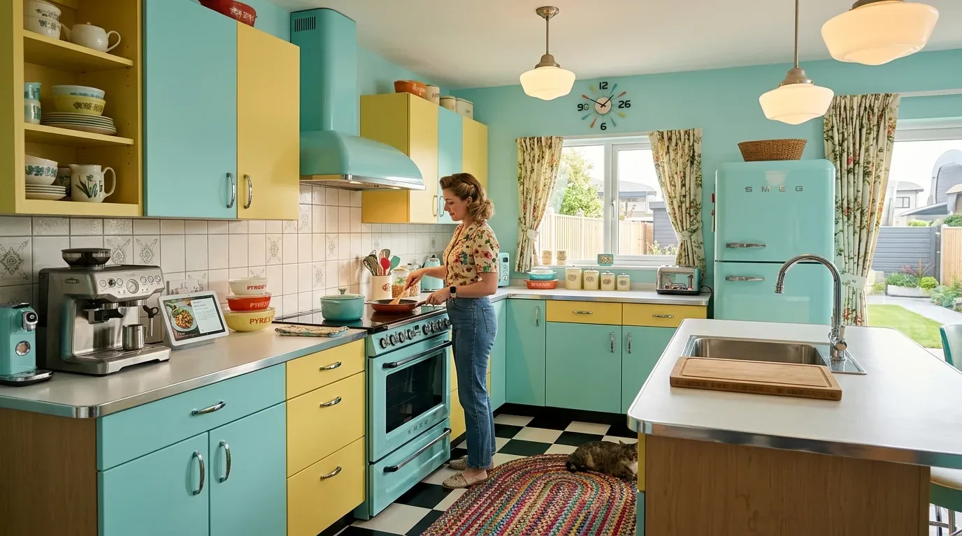 A retro-style kitchen with pastel blue and yellow cabinets, a matching SMEG refrigerator and stove, a woman cooking, and a cat lying on a colorful rug