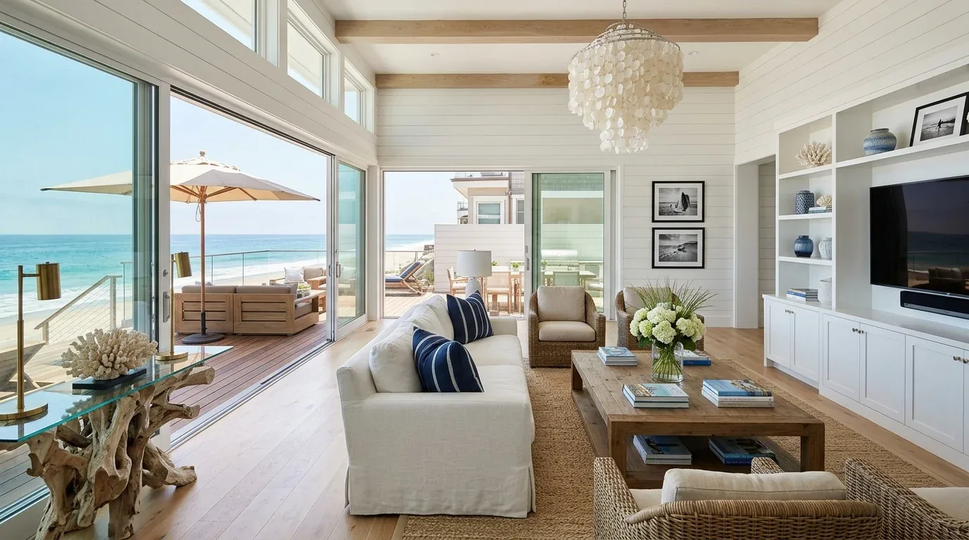 A bright living room with large sliding glass doors opening to a beachside deck with ocean views