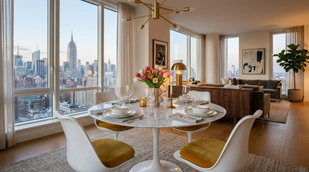 Round marble Saarinen tulip table with white tulip chairs and mustard velvet cushions beside floor to ceiling skyline windows