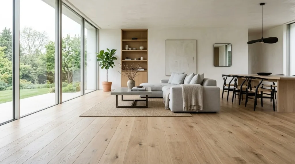 Wide plank white oak engineered hardwood flooring in a bright minimalist living room with floor to ceiling windows and a garden view