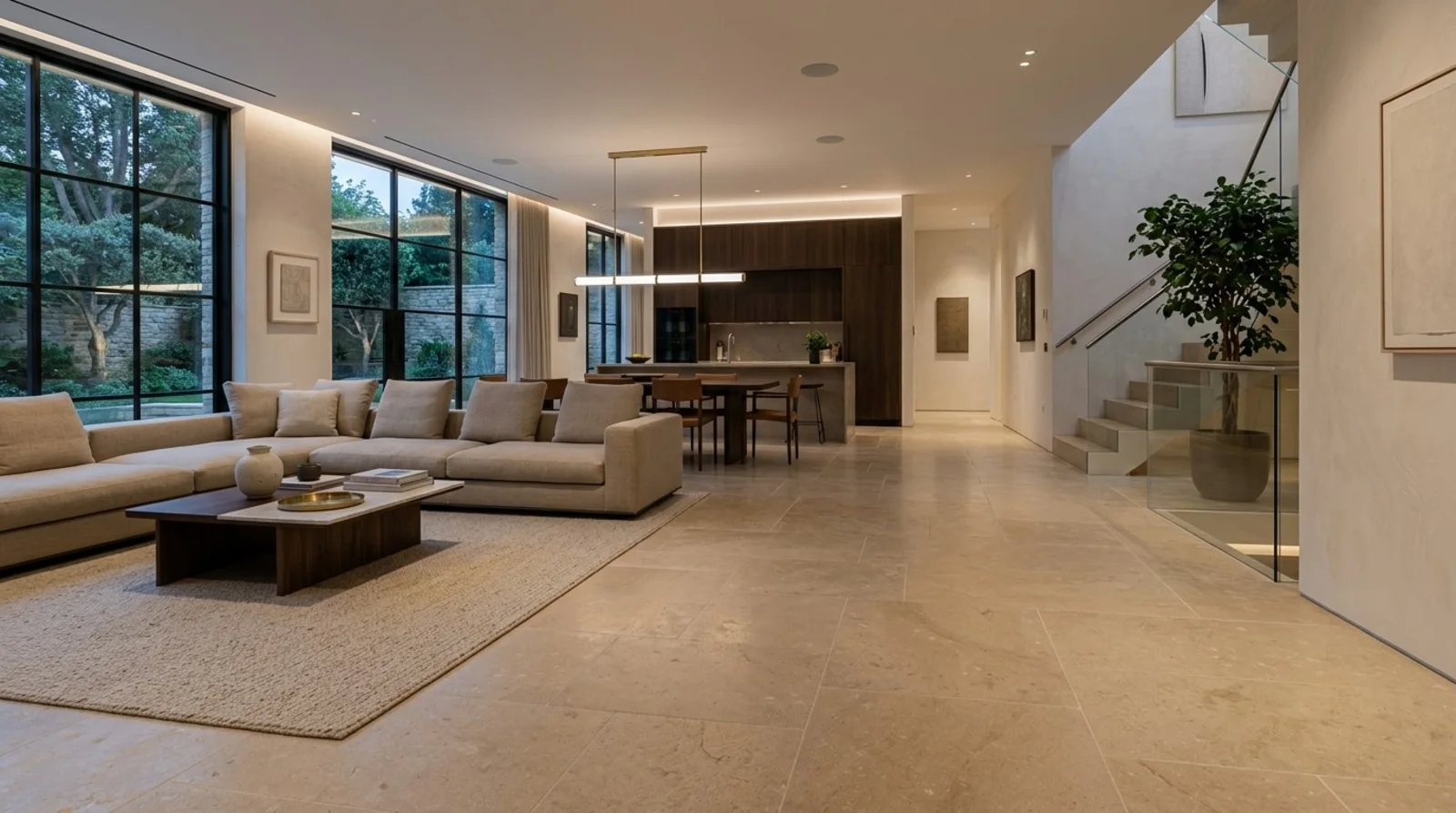 Large format limestone tile flooring running continuously from a living room seating area through to an open kitchen and staircase