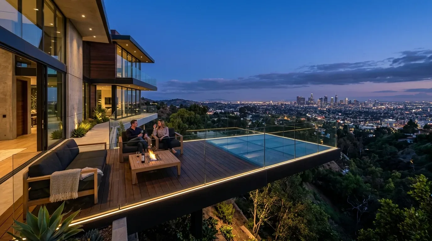 A modern outdoor balcony with seating, a fire pit table, and a glass railing overlooking a city skyline at dusk