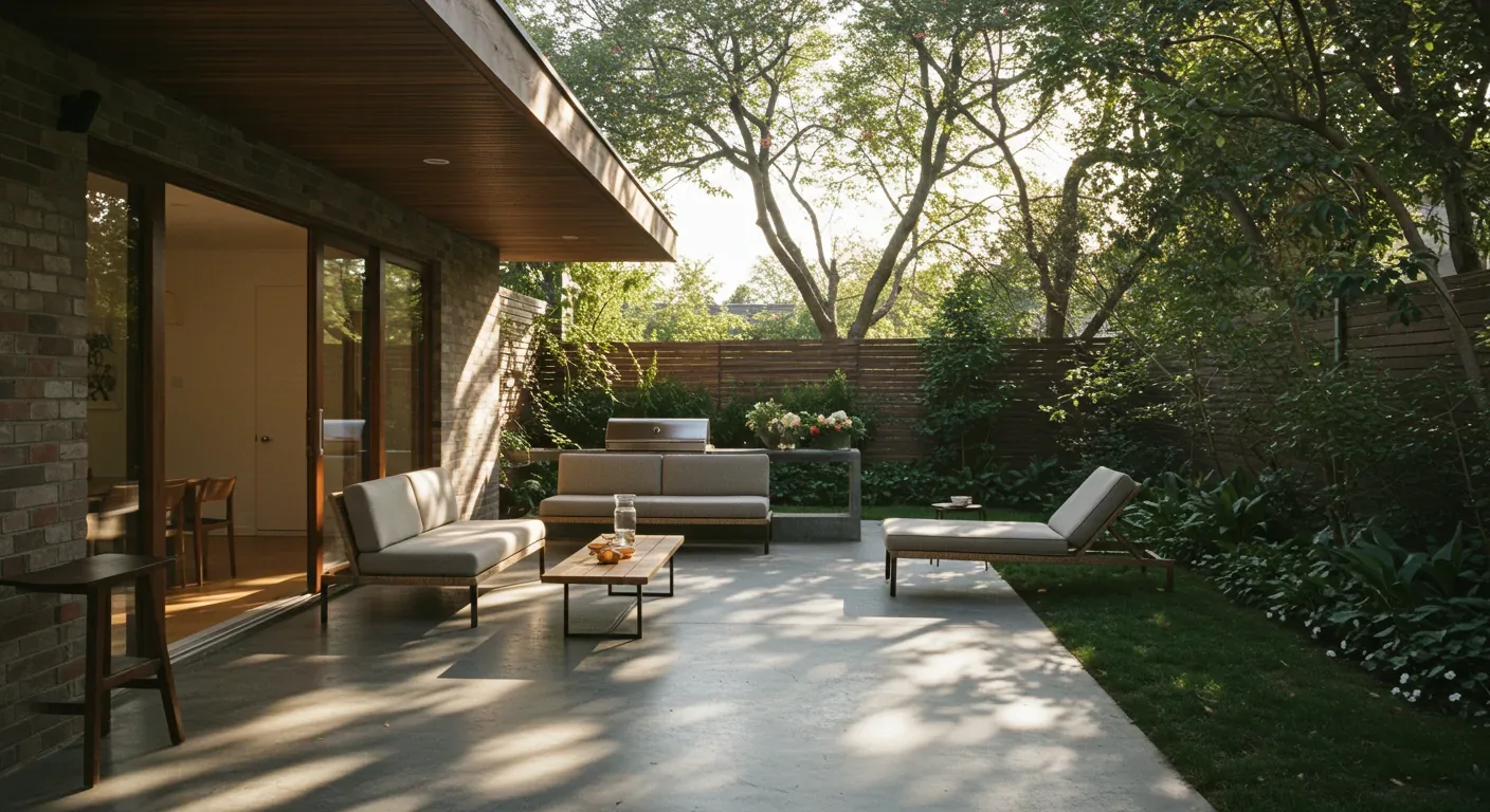 A modern outdoor patio with minimalist furniture, a wooden coffee table, and lush greenery surrounding the space