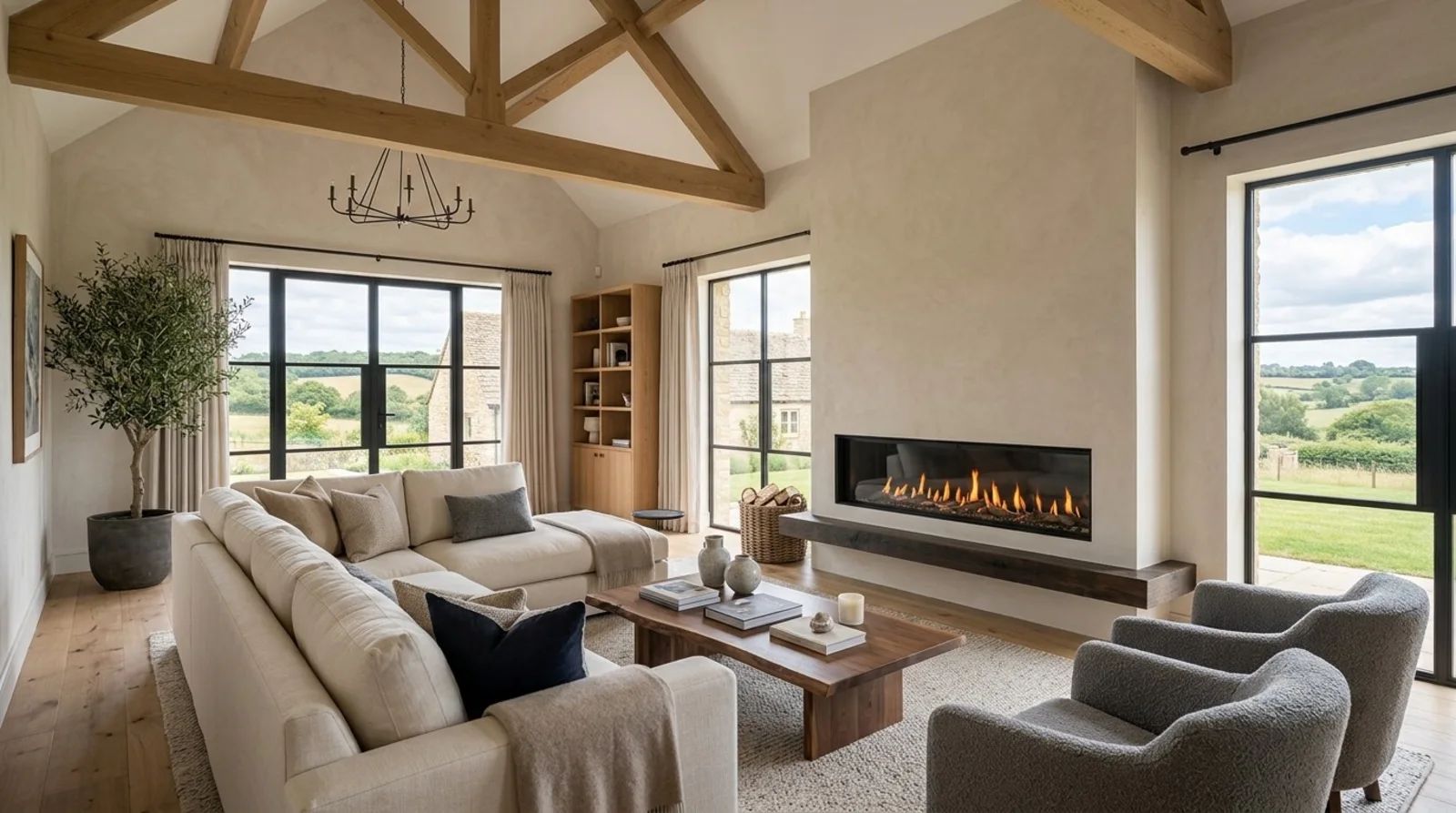 Linear ventless gas fireplace set into a plaster wall in a vaulted living room with oak trusses
