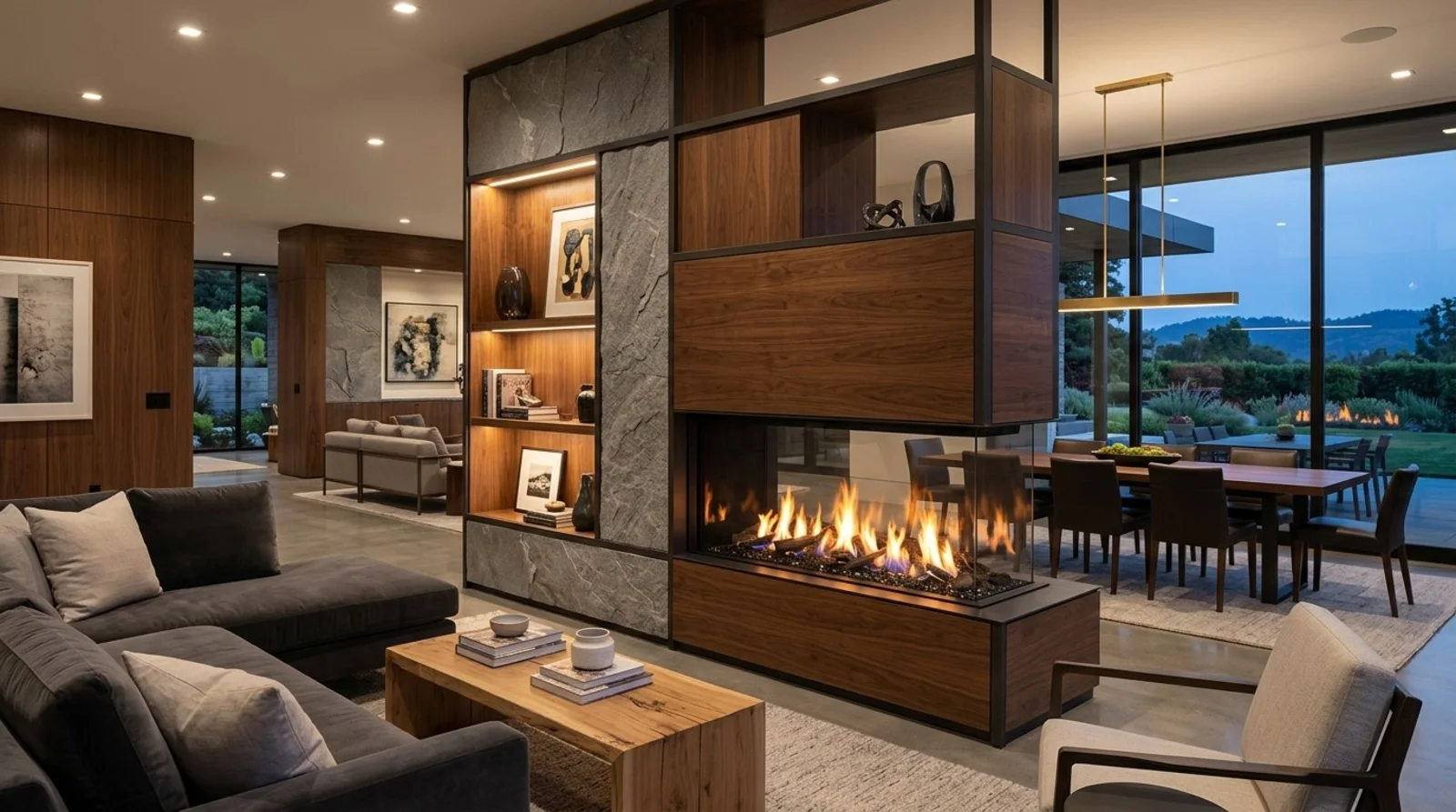 Double-sided ventless gas fireplace built into a walnut and stone room divider between living and dining areas