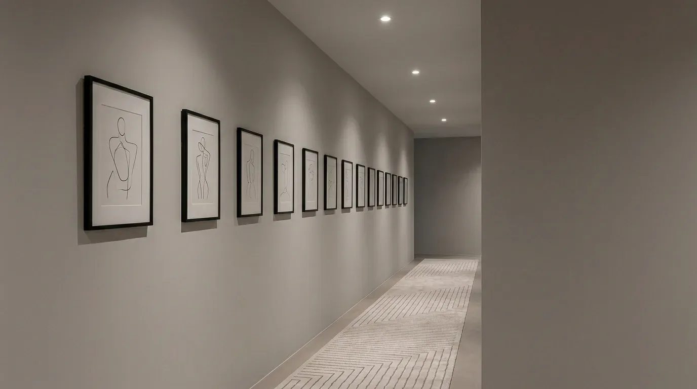 A minimalist hallway with a series of framed line art drawings on one wall and recessed ceiling lights