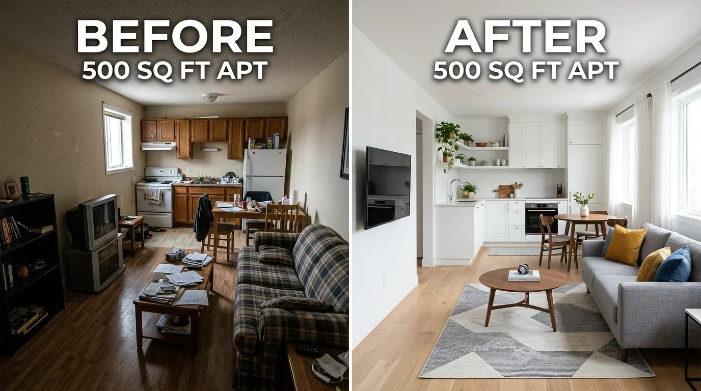 Side-by-side before and after images of a 500 sq ft apartment showing a transformation from a cluttered, dark living and kitchen area to a bright, modern, and clean open living and kitchen space