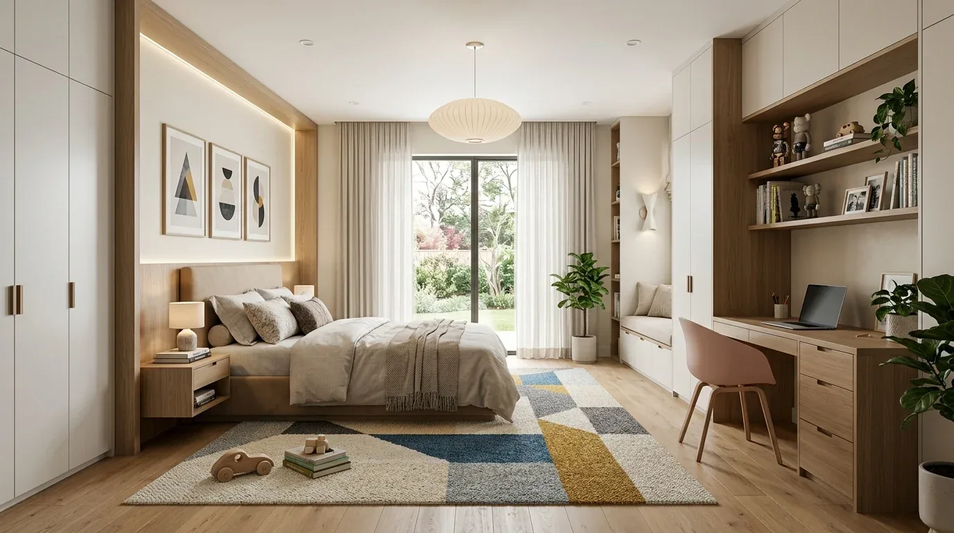 A modern bedroom with a large bed, geometric rug, built-in wooden desk and shelves, and a large window with curtains overlooking a garden