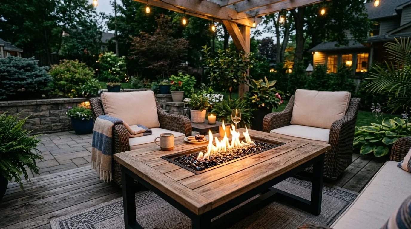 An outdoor patio seating area with cushioned wicker chairs around a wooden fire pit table under string lights and surrounded by lush greenery