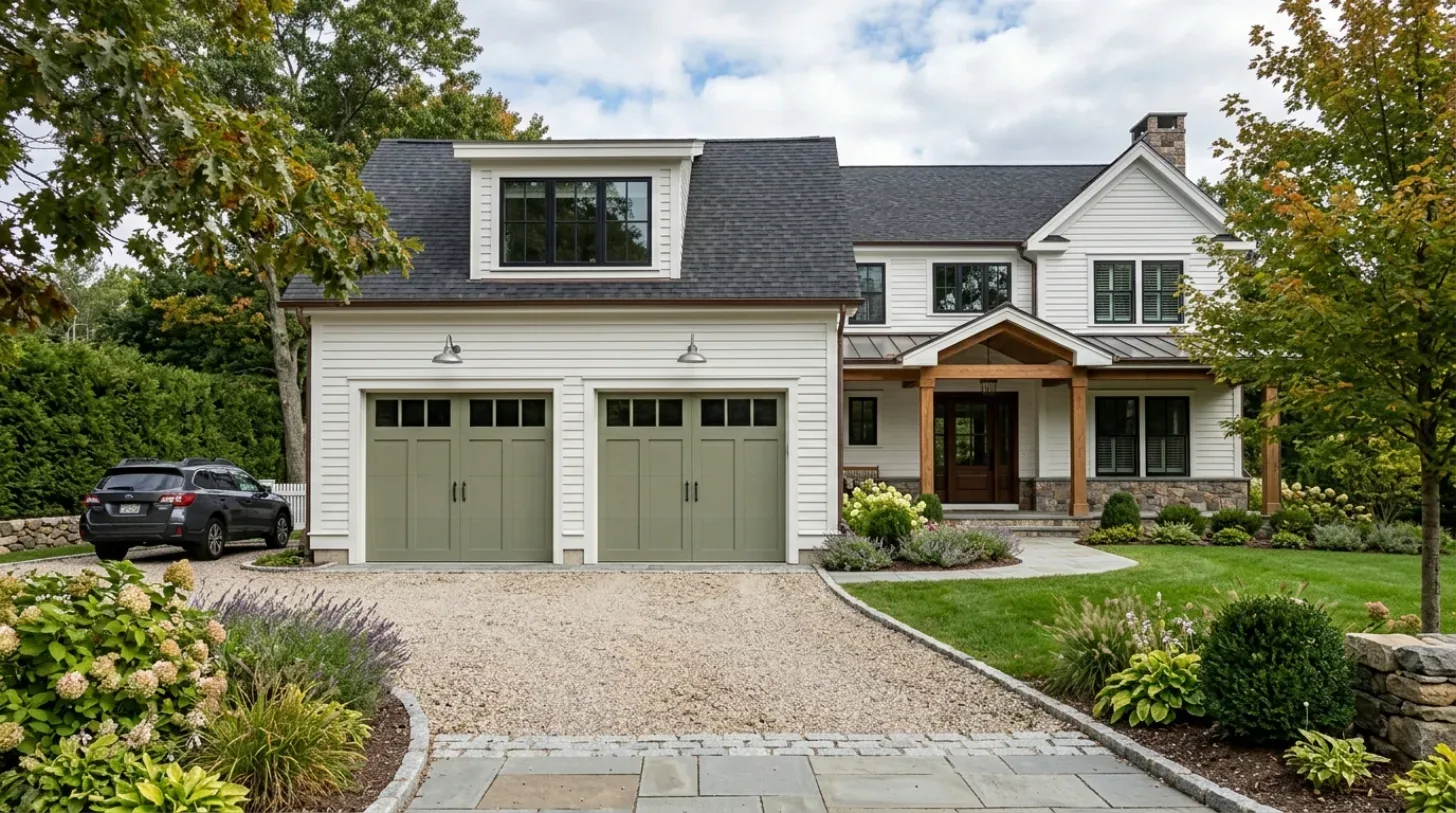 A modern farmhouse style two-story house with a double garage, green garage doors, a wooden porch, and well-maintained landscaping