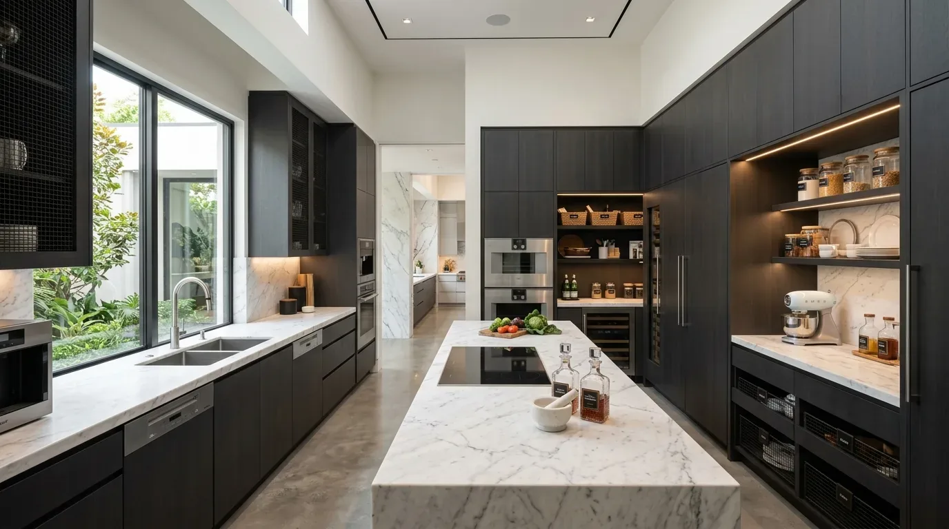 A modern kitchen with dark cabinetry, marble countertops, a large island with an induction cooktop, and open shelving with jars and kitchen appliances