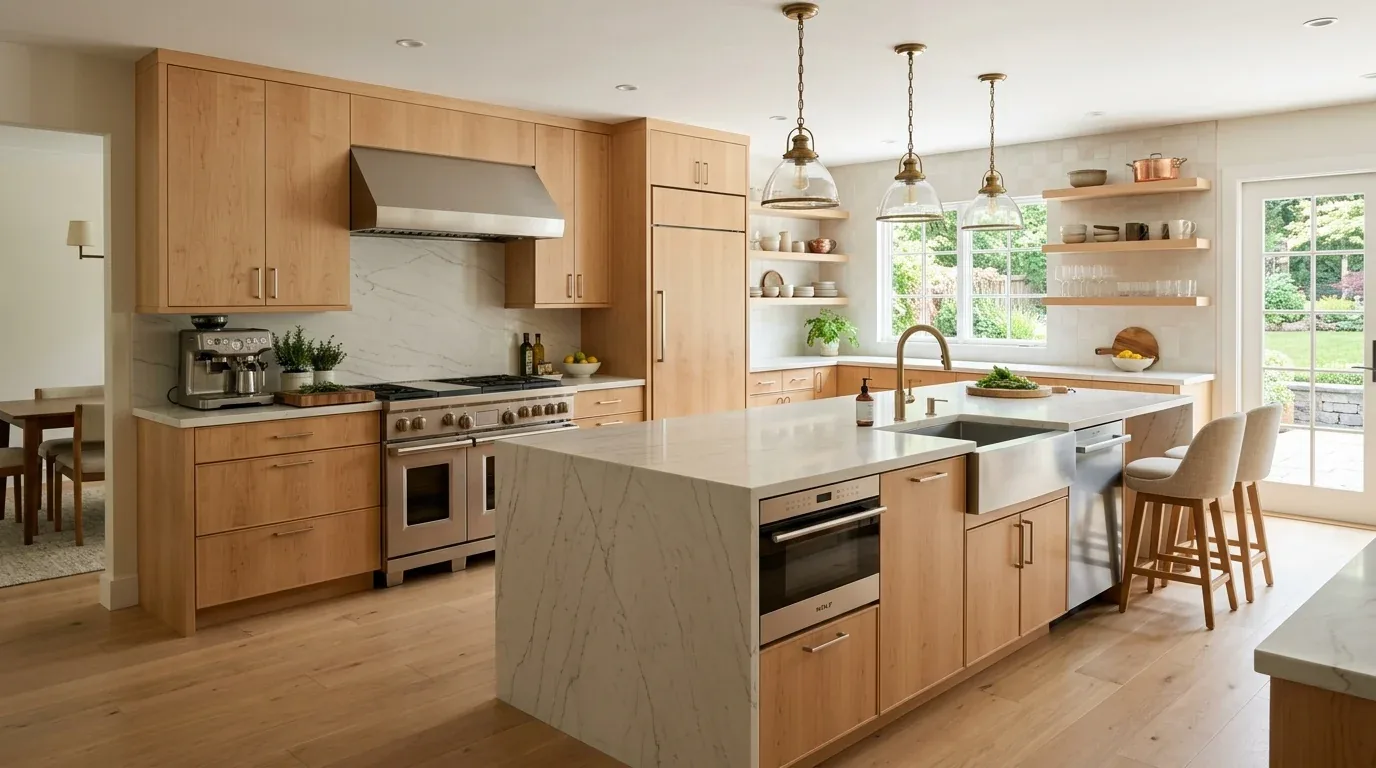 A modern kitchen with light wood cabinetry, a large marble island, stainless steel appliances, and pendant lighting