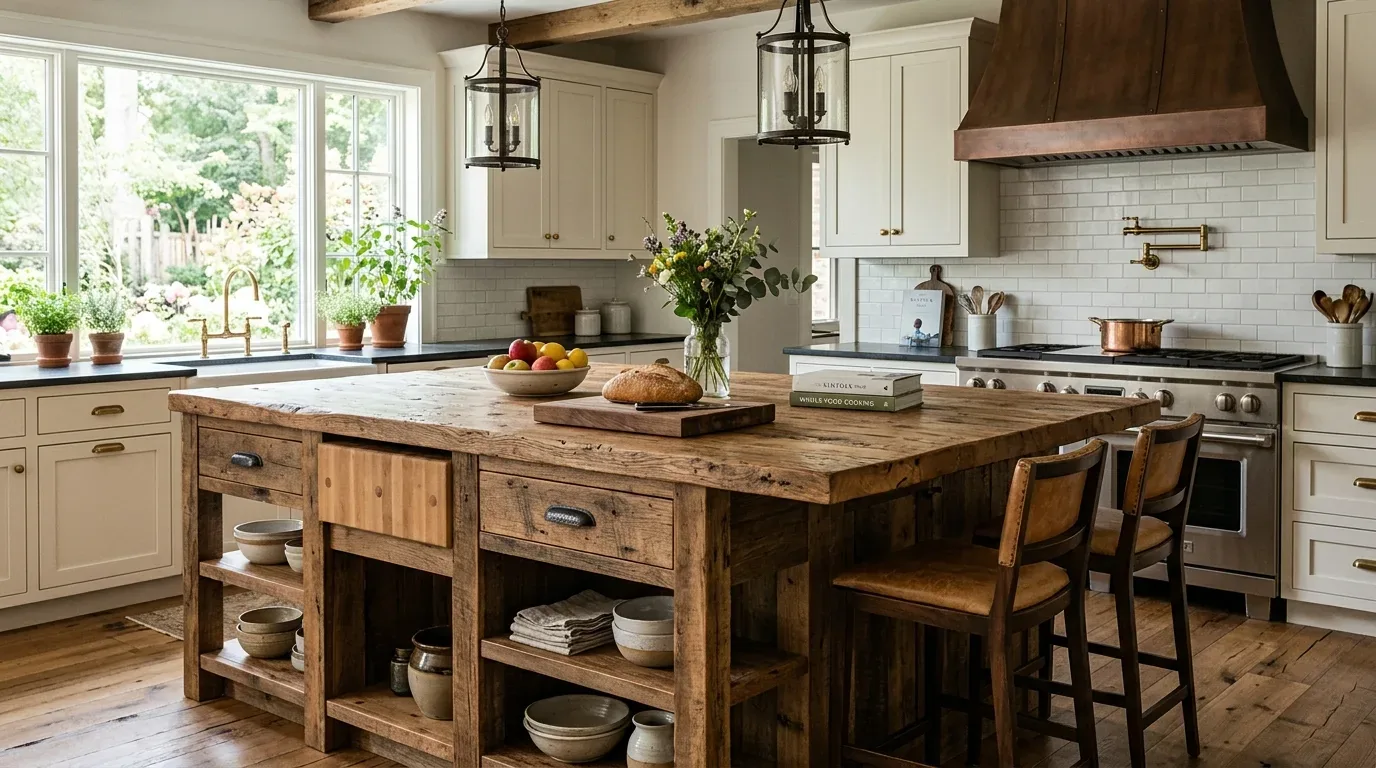 A rustic kitchen with a large wooden island, white cabinetry, copper range hood, and large windows overlooking a garden