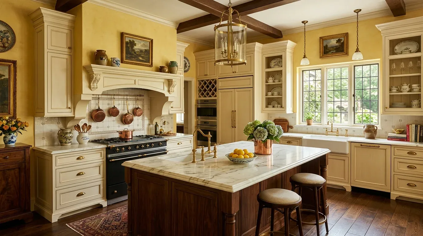 A traditional kitchen with cream cabinetry, a large marble island, wooden beams, and copper cookware