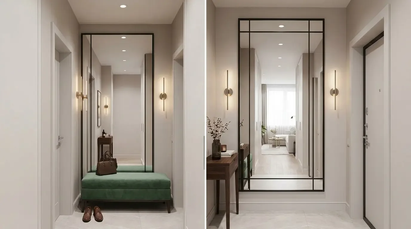 A modern hallway with a large decorative mirror, green bench, wooden console table, and wall sconces